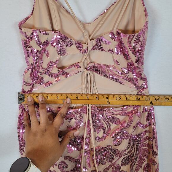 Bebe Women Sequin Open Back Sparkle Mesh Short Dress Size Medium Pink Y2k Barbie - Picture 12 of 14